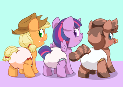 Size: 1248x883 | Tagged: safe, artist:artiecanvas, imported from derpibooru, applejack, twilight sparkle, oc, oc:radix, alicorn, pony, age regression, artiecanvas is trying to murder us, baby, babyjack, babylight sparkle, cute, debate in the comments, diaper, diaper butt, female, foal, jackabetes, look at my ass, look at my butt, mare, ocbetes, pacifier, poofy diaper, twiabetes, twilight sparkle (alicorn)