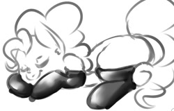Size: 570x364 | Tagged: safe, artist:whale, imported from derpibooru, pinkie pie, explicit source, female, fireproof boots, grayscale, monochrome, sleeping, solo