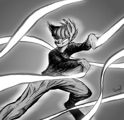 Size: 906x882 | Tagged: safe, artist:quynzel, imported from derpibooru, maud pie, anthro, anime, badass, crossover, female, martial arts, monochrome, one punch man, silver fang, solo, water stream rock smashing fist