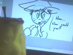 Size: 1270x949 | Tagged: safe, artist:hattsy, imported from derpibooru, applejack, apple, cowboy hat, crying, dialogue, floppy ears, food, hat, hoof hold, irl, monitor, monochrome, photo, photography, pure unfiltered evil, sad, stetson, you monster