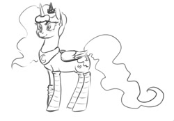 Size: 769x535 | Tagged: safe, artist:whale, imported from derpibooru, princess luna, alicorn, clothes, female, mare, monochrome, smiling, socks, solo, standing, striped socks