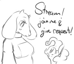 Size: 570x495 | Tagged: safe, artist:whale, imported from derpibooru, pinkie pie, clothes, crossover, looking at each other, monochrome, shirt, smiling, toriel, undertale