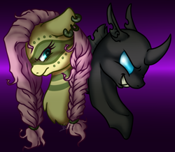 Size: 850x740 | Tagged: safe, artist:mondlichtkatze, imported from derpibooru, fluttershy, changeling, pegasus, pony, the cutie re-mark, alternate timeline, chrysalis resistance timeline, duo, tribalshy