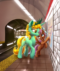 Size: 1600x1891 | Tagged: safe, artist:nadnerbd, imported from derpibooru, oc, oc only, oc:bowtie, oc:liberty, pegasus, pony, unicorn, female, filly, map, mare, ponycon, ponycon 2016, ponycon nyc, sternocleidomastoid, subway, subway trains, train