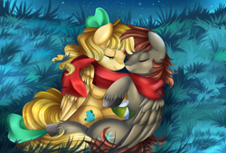 Size: 2975x2015 | Tagged: safe, artist:pridark, imported from derpibooru, oc, oc only, oc:kirarasprings, oc:winterlight, pegasus, pony, clothes, couple, cuddling, cute, digital art, female, love, male, scarf, shared clothing, shared scarf, shipping, sleeping, snuggling, straight, unshorn fetlocks