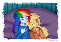 Size: 936x648 | Tagged: safe, artist:lelka-philka, imported from derpibooru, applejack, rainbow dash, human, equestria girls, appledash, eyes closed, female, humanized, lesbian, shipping, smiling