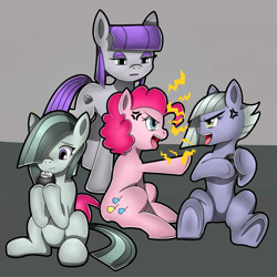 Size: 2000x2000 | Tagged: safe, artist:flam3zero, imported from derpibooru, limestone pie, marble pie, maud pie, pinkie pie, earth pony, pony, 8 ball, 8-ball, electricity, open mouth, pairing stone, pie sisters, siblings, sisters, sitting