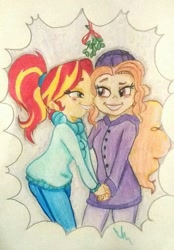 Size: 515x742 | Tagged: safe, artist:gingerthefox, imported from derpibooru, adagio dazzle, sunset shimmer, equestria girls, alternate hairstyle, clothes, female, holding hands, lesbian, mistletoe, shipping, sunsagio, traditional art, winter outfit