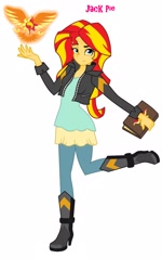 Size: 1556x2592 | Tagged: safe, artist:jack-pie, imported from derpibooru, sunset shimmer, equestria girls, book, clothes, female, journal, leather jacket, looking at you, pants, raised leg, signature, solo