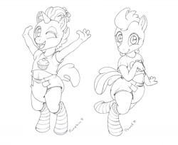 Size: 1280x1046 | Tagged: safe, artist:paddercat, imported from derpibooru, pound cake, pumpkin cake, anthro, unguligrade anthro, armpits, baby, cake twins, clothes, cute, diaper, foal, poofy diaper, shirt, sock, socks, striped socks, tongue out