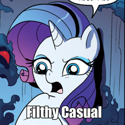 Size: 623x620 | Tagged: safe, edit, idw, imported from derpibooru, rarity, female, filthy casual, image macro, meme, solo