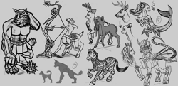 Size: 2250x1089 | Tagged: safe, artist:setarium, imported from derpibooru, changeling, cyborg, deer, diamond dog, hippocampus, merpony, zebra, archery, arrow, bow and arrow, comparison, female, grayscale, lineart, male, monochrome, simple background, sketch, weapon