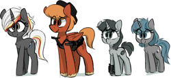 Size: 1600x736 | Tagged: safe, artist:whydomenhavenipples, imported from derpibooru, oc, oc only, oc:calamity, oc:homage, oc:littlepip, oc:velvet remedy, pegasus, pony, unicorn, fallout equestria, alternate design, battle saddle, fanfic, fanfic art, female, gun, hat, horn, male, mare, pipbuck, stallion, weapon, wings