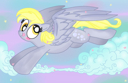 Size: 800x518 | Tagged: safe, artist:andypriceart, artist:krazykari, imported from derpibooru, derpy hooves, pegasus, pony, blushing, female, flying, mare, solo, tongue out