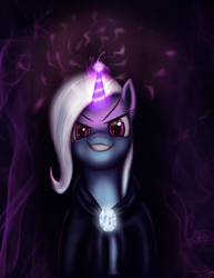 Size: 1972x2550 | Tagged: dead source, safe, artist:jeki, imported from derpibooru, trixie, pony, unicorn, cloak, clothes, female, gem, grin, looking at you, magic, mare, solo