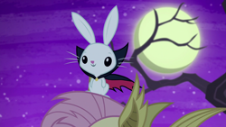 Size: 1280x720 | Tagged: safe, imported from derpibooru, screencap, angel bunny, fluttershy, bat pony, pony, rabbit, vampire, scare master, bunnicula, cape, clothes, flutterbat, flutterbat costume, full moon, moon, solo focus, tree