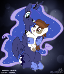 Size: 900x1047 | Tagged: safe, artist:atryl edits, artist:kirrol, edit, imported from derpibooru, pipsqueak, princess luna, female, hug, lunapip, male, shipping, sitting, smiling, straight