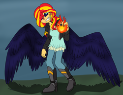 Size: 4063x3155 | Tagged: safe, artist:catlover1672, imported from derpibooru, sunset shimmer, human, raven (bird), equestria girls, angry, black sclera, fiery shimmer, fire, humanized, magic, solo, transformation, winged humanization, wings