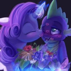 Size: 1000x1000 | Tagged: safe, artist:annielith, imported from derpibooru, rarity, spike, bouquet, female, flower, kiss mark, male, shipping, sparity, straight