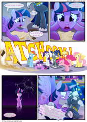 Size: 3500x4951 | Tagged: safe, artist:light262, artist:lummh, imported from derpibooru, applejack, fluttershy, pinkie pie, rainbow dash, rarity, star swirl the bearded, twilight sparkle, twilight sparkle (alicorn), alicorn, earth pony, pegasus, pony, unicorn, comic:timey wimey, comic, female, male, mane six, mare, panic, shrunken pupils, sneezing, stallion, twilighting