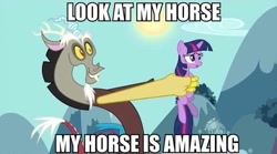 Size: 639x356 | Tagged: safe, edit, edited screencap, imported from derpibooru, screencap, discord, twilight sparkle, draconequus, pony, unicorn, the return of harmony, amazing horse, caption, confused, duo, female, frown, grin, holding a pony, image macro, male, meme, open mouth, smiling, text, unicorn twilight