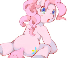 Size: 600x450 | Tagged: safe, artist:hiza take, imported from derpibooru, pinkie pie, anatomically incorrect, butt, female, incorrect leg anatomy, looking back, open mouth, pixiv, plot, simple background, solo, white background