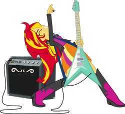 Size: 5448x5000 | Tagged: safe, artist:nano23823, imported from derpibooru, sunset shimmer, equestria girls, rainbow rocks, .svg available, absurd resolution, boots, clothes, equipment, eyes closed, female, flying v, guitar, guitar pick, leather jacket, musical instrument, playing, rock (music), simple background, skirt, solo, speaker, sunset shredder, svg, transparent background, vector