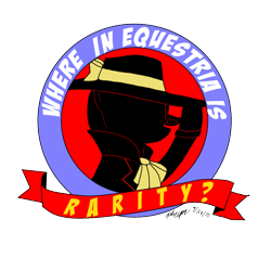 Size: 1000x1000 | Tagged: safe, alternate version, artist:pheeph, imported from derpibooru, rarity, rarity investigates, carmen sandiego, logo parody, where on earth is carmen sandiego