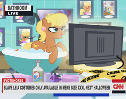 Size: 800x630 | Tagged: safe, artist:pixelkitties, imported from derpibooru, mayor mare, ms. harshwhinny, alcohol, bagpipes o'toole, bath, bathroom, bathtub, butt, cable news network, claw foot bathtub, cnn, missing accessory, plot, scotch, television, votehorse