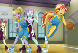 Size: 1160x800 | Tagged: safe, artist:uotapo, imported from derpibooru, cloudy kicks, sour sweet, sunny flare, sunset shimmer, equestria girls, friendship games, alternate hairstyle, angry, armpits, background human, ball is life, basketball, clothes, crystal prep academy, crystal prep shadowbolts, female, open mouth, ponytail, shoes, sleeveless, sneakers, sour rage, sunset helper, wondercolts