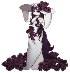 Size: 920x968 | Tagged: safe, artist:umeguru, artist:うめぐる, imported from derpibooru, rarity, anthro, semi-anthro, alternate hairstyle, arm hooves, clothes, dress, female, flower, hat, solo