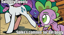 Size: 1167x643 | Tagged: safe, edit, idw, imported from derpibooru, rarity, spike, dragon, pony, caption, female, heart, image macro, innuendo, male, meme, misspelling, shipping, sparity, straight, swiggity swooty