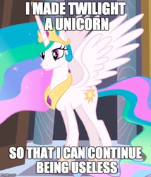 Size: 500x583 | Tagged: safe, imported from derpibooru, princess celestia, twilight sparkle, background pony strikes again, celestia hate, drama, drama bait, image macro, low quality bait, meme, op didn't even try, op is a duck, op is trying to start shit
