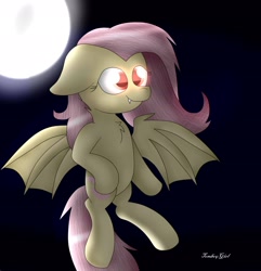 Size: 2600x2700 | Tagged: safe, artist:tomboygirl45, imported from derpibooru, fluttershy, bat pony, pony, female, floppy ears, flutterbat, flying, moon, smiling, solo