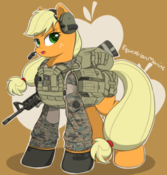 Size: 1500x1567 | Tagged: safe, artist:equestrianmarine, imported from derpibooru, applejack, assault rifle, camouflage, clothes, female, gun, headset, m16, m4 carbine, m4a1, mare, marine, military uniform, rifle, soldier, soldier pony, solo, uniform, weapon