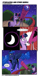 Size: 939x1800 | Tagged: safe, artist:saturdaymorningproj, imported from derpibooru, princess luna, twilight sparkle, butt, comic, embarrassed, female, lesbian, moonbutt, mooning, night, plot, shipping, stars, sweatdrop, telescope, trolluna, twiluna