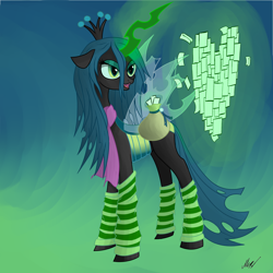 Size: 2400x2400 | Tagged: dead source, safe, artist:soveno, imported from derpibooru, queen chrysalis, changeling, changeling queen, clothes, female, heart, magic, scarf, socks, solo