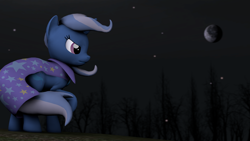 Size: 1920x1080 | Tagged: safe, artist:fd-daylight, imported from derpibooru, trixie, pony, unicorn, 3d, female, mare, missing accessory, moon, night, solo, source filmmaker, tree, windswept mane