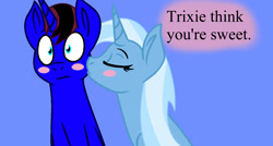 Size: 1412x756 | Tagged: safe, artist:night-shadow7, imported from derpibooru, trixie, oc, oc:brad mythical, pony, unicorn, blushing, canon x oc, eyes closed, female, kissing, male, mare, misspelling, shipping, simple background, straight