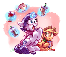 Size: 4000x3500 | Tagged: safe, artist:whitediamonds, imported from derpibooru, applejack, rarity, earth pony, pony, unicorn, caffeine, cappuccino, clothes, coffee, cup, cute, drink, female, glowing, glowing horn, hat, horn, lesbian, levitation, magic, magic aura, open mouth, raribetes, rarijack, rarijack daily, scarf, shipping, smiling, starbucks, sweat, sweatdrop, telekinesis, this will end in weight gain, underhoof, wavy mouth