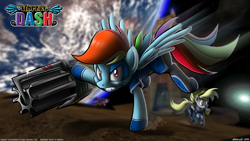 Size: 1600x900 | Tagged: safe, artist:tobibrocki, imported from derpibooru, derpy hooves, rainbow dash, pegasus, pony, armor, blackletter, clothes, crossover, female, glare, gritted teeth, looking at you, mare, outfit, planet, rocket launcher, running, spread wings, unreal tournament, weapon, wide eyes