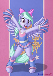 Size: 679x960 | Tagged: safe, artist:brianblackberry, imported from derpibooru, flitter, pony, semi-anthro, abstract background, bipedal, cheerleader, clothes, dress, female, hair bow, leg warmers, signature, solo, standing, tail