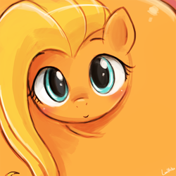 Size: 750x750 | Tagged: safe, artist:lumineko, imported from derpibooru, fluttershy, what about discord?, cute, female, flutterrange, looking at you, orange, smiling, solo, that was fast