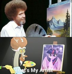 Size: 1000x1024 | Tagged: safe, imported from derpibooru, screencap, discord, twilight sparkle, human, what about discord?, art, bob ross, discord's painting, discovery family logo, draconiross, exploitable meme, irl, irl human, meme, photo, that's my x, the joy of painting, twilight sparkle (alicorn)