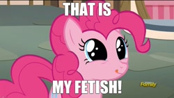 Size: 1280x720 | Tagged: safe, edit, edited screencap, imported from derpibooru, screencap, pinkie pie, what about discord?, caption, discovery family logo, female, image macro, licking, licking lips, meme, reaction image, solo, that is my fetish, tongue out