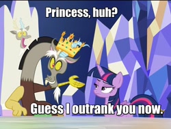 Size: 1430x1080 | Tagged: safe, imported from derpibooru, screencap, discord, twilight sparkle, alicorn, draconequus, pony, season 5, what about discord?, crown, discovery family logo, duo, female, friendship throne, frown, grin, image macro, king, king discord, lidded eyes, looking at each other, male, mare, meme, smiling, throne, twilight sparkle (alicorn), twilight sparkle is not amused, unamused