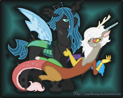 Size: 900x716 | Tagged: dead source, safe, artist:jaquelindreamz, imported from derpibooru, discord, queen chrysalis, changeling, draconequus, abstract background, changeling king, eris, king metamorphosis, rule 63