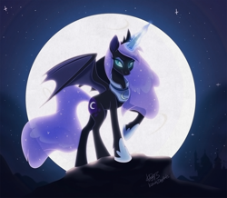 Size: 1500x1308 | Tagged: dead source, safe, artist:kawaiidogarts, imported from derpibooru, nightmare moon, alicorn, pony, the moon rises, alternate design, bat wings, canterlot, crown, ethereal mane, female, full moon, glowing horn, hoof fluff, hoof shoes, horn, jewelry, looking at you, majestic, mare, moon, night, night sky, raised hoof, regalia, rock, signature, sky, slit eyes, slit pupils, smiling, solo, spread wings, standing, starry mane, starry night, starry tail, stars, wings