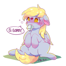 Size: 900x900 | Tagged: safe, artist:nanghyang, imported from derpibooru, derpy hooves, pegasus, pony, blushing, cute, derpabetes, dialogue, female, floppy ears, letter, mare, mouth hold, simple background, sitting, solo, speech bubble, transparent background