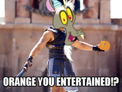 Size: 610x458 | Tagged: safe, imported from derpibooru, discord, fluttershy, what about discord?, are you not entertained?, flutterrange, gladiator, image macro, meme, pun